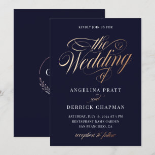 Sunset Gradient Deep Blue Gold Calligraphy Wedding Invitation