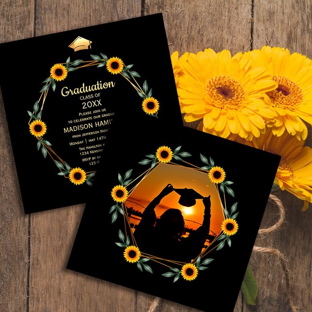 Sunset Graduation with Sunflower Frame Invitation (Sunset Graduation with Sunflower Frame Invitation #zazzlemade #sunflowersparty #graduationinvitation)