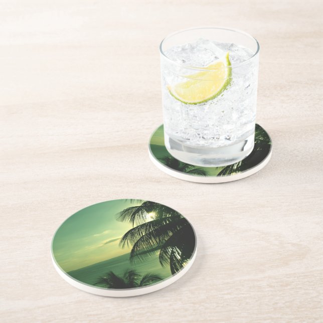 SunSet Green Blue Sky & Sea Silhouetted Palm Tree Coaster (Side)