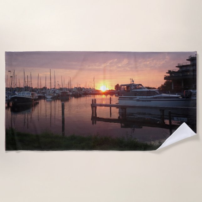 Sunset Harbour with Boats Beach Towel (Front)
