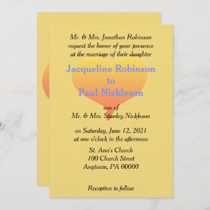 Sunset Heart Mellow Yellow Blue Wedding Invitation
