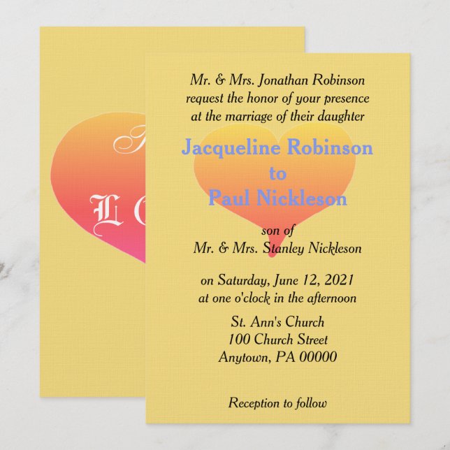 Sunset Heart Mellow Yellow Blue Wedding Invitation (Front/Back)