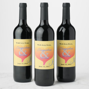 Sunset Heart Mellow Yellow Blue Wedding Monogram Wine Label