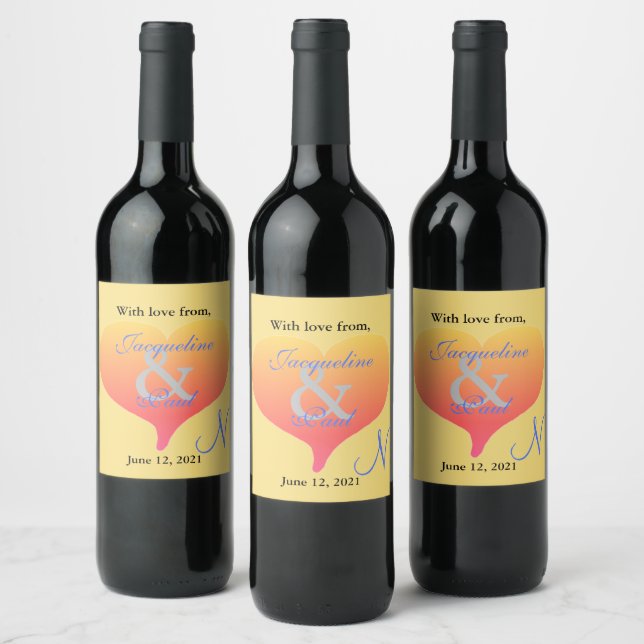 Sunset Heart Mellow Yellow Blue Wedding Monogram Wine Label (Bottles)
