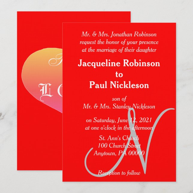 Sunset Heart Red Monogram Wedding Invitation (Front/Back)