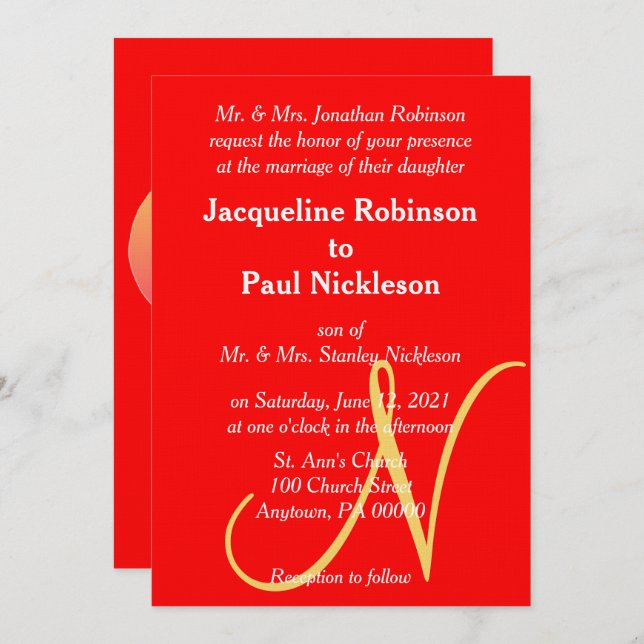 Sunset Heart Red Monogrammed Wedding Invitation (Front/Back)
