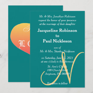 Sunset Heart Teal Green Gold Monogram Invitation