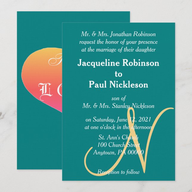 Sunset Heart Teal Green Gold Monogram Invitation (Front/Back)