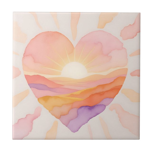 Sunset Heart Watercolor Serenity Tile (Front)