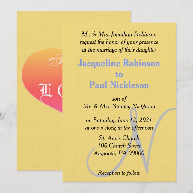 Sunset Heart Yellow Blue Monogram Wedding Invitation (Front/Back)