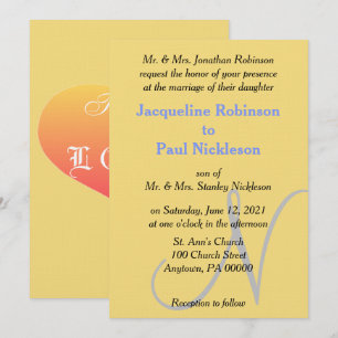 Sunset Heart Yellow Blue Monogram Wedding Invitation
