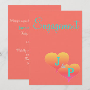 Sunset Hearts Coral Turquoise Monogram Engagement Invitation