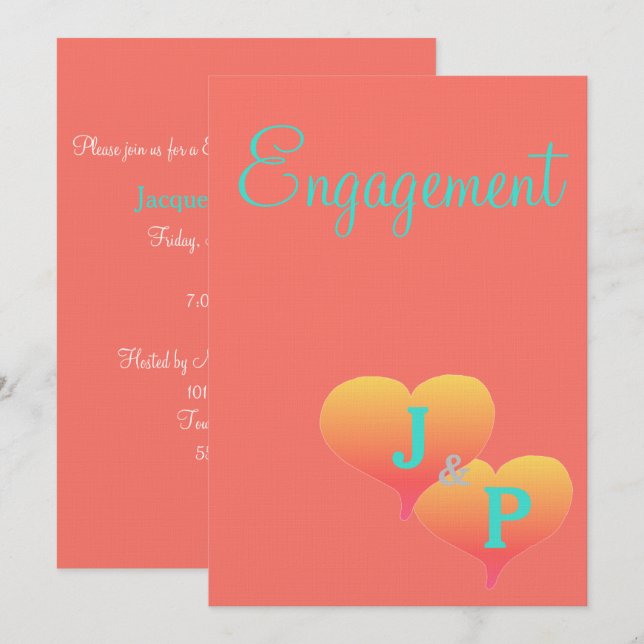 Sunset Hearts Coral Turquoise Monogram Engagement Invitation (Front/Back)