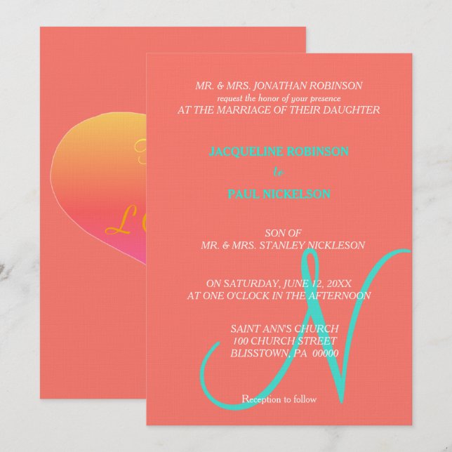 Sunset Hearts Monogram Coral Turquoise   Invitation (Front/Back)