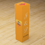 Sunset Hearts Orange Wedding Wine Box<br><div class="desc">Mr. and Mrs. is written on both sides inside of romantic sunset hearts in shades of golden yellow, orange to pink hues on the sides. Fresh orange background colour. Personalise Bride and Grooms First Name Monogrammed Initials in elegant white script on front. Top has the wording, Love the Name (insert...</div>