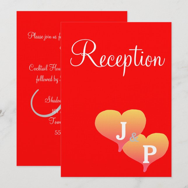 Sunset Hearts Red Monogram Reception Cards (Front/Back)