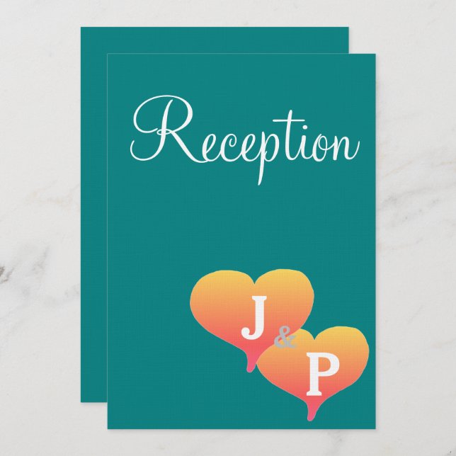 Sunset Hearts Teal Green Gold Monogram Invitation (Front/Back)