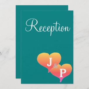 Sunset Hearts Teal Green Gold Monogram Invitation