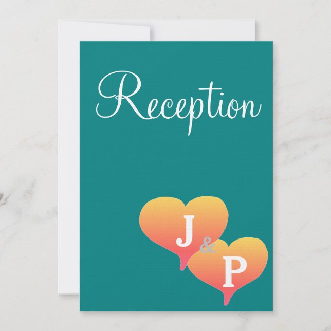 Sunset Hearts Teal Green Monogram Reception Cards (Front)