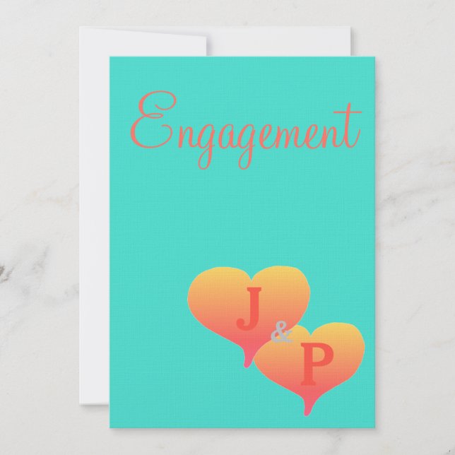 Sunset Hearts Turquoise Coral Monogram Engagement Invitation (Front)