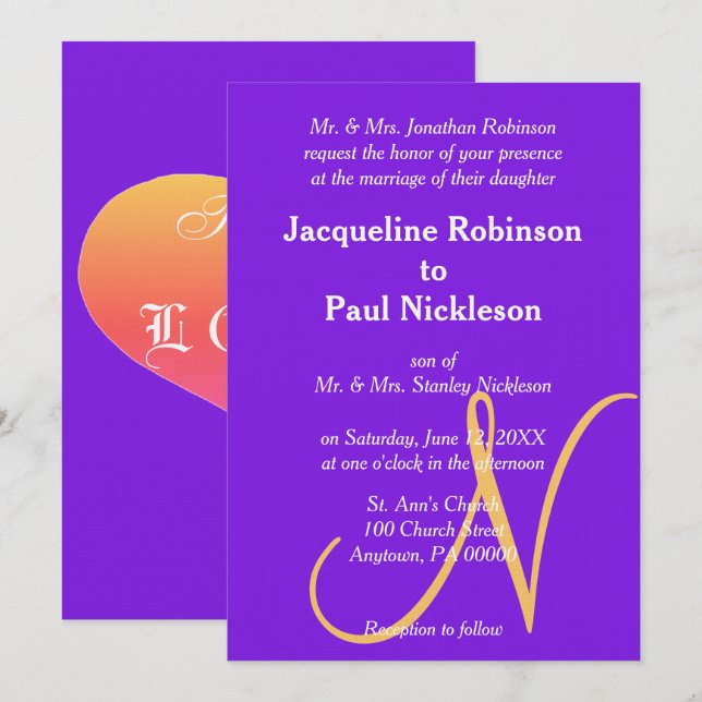 Sunset Hearts Violet Golden Monogram Wedding Invitation (Front/Back)
