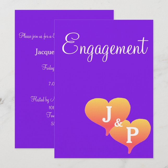 Sunset Hearts Violet Monogram Engagement Invitation (Front/Back)