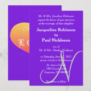 Sunset Hearts Violet Silver Monogram Wedding Invitation