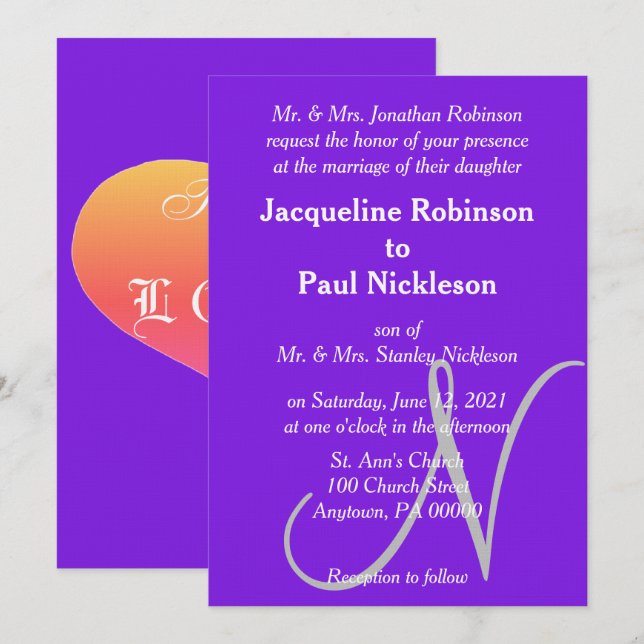Sunset Hearts Violet Silver Monogram Wedding Invitation (Front/Back)