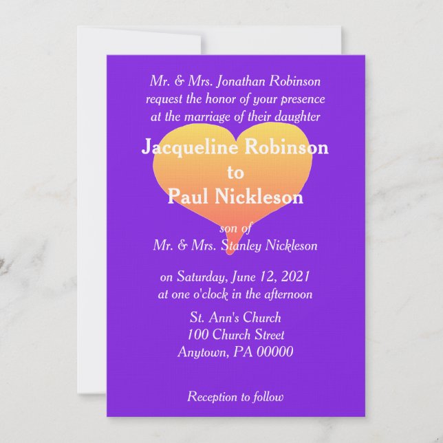 Sunset Hearts Violet Wedding Invitation (Front)
