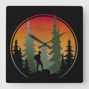Sunset Hiking Nature Forest Square Wall Clock