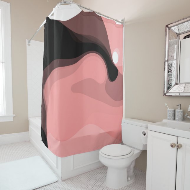 Sunset Horizon: Abstract Pink, Black & White Shower Curtain (In Situ)