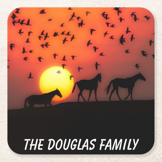 Sunset Horses and Birds Square Paper Coaster (Front)