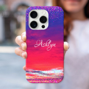Sunset hot pink blue clouds confetti dot name bold iPhone 16 pro case