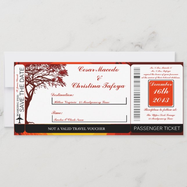 Sunset in Africa Boarding Pass Wedding Invitation (Front)