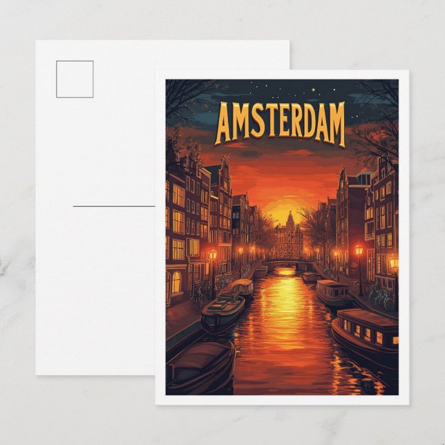Sunset in Amsterdam Netherlands Vintage  Travel Postcard (Front/Back)