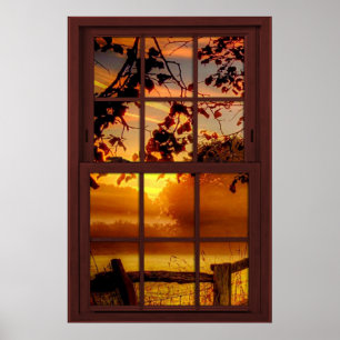 Sunset in Autumn Faux Cherry Wood Window Poster