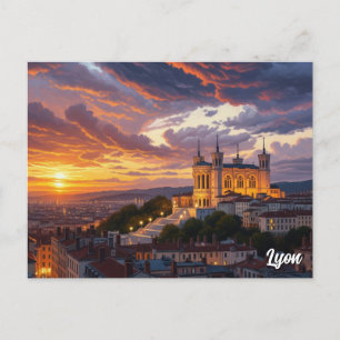 Sunset in Lyon France Basilica Travel Postcard