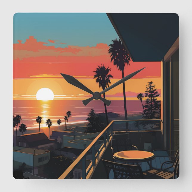 SUNSET IN SANTA MONICA #1 SQUARE WALL CLOCK (Front)