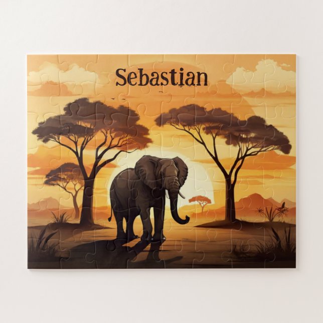 Sunset in savanna personalised elephant  jigsaw puzzle (Horizontal)