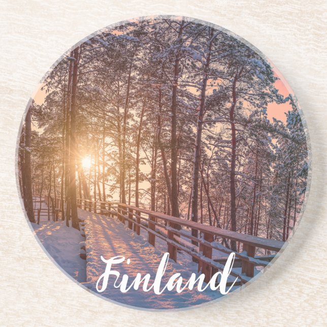 Sunset in snowy pineforest with sun ray coaster (Front)