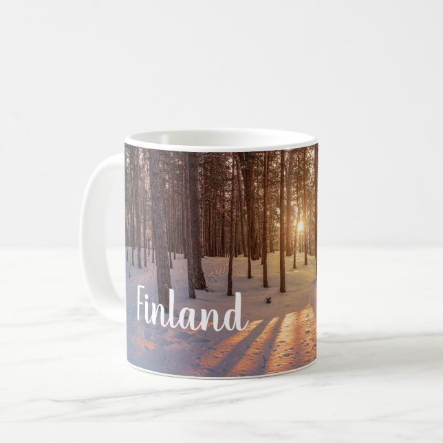 Sunset in snowy winter pine forest coffee mug (Front Left)