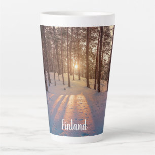 Sunset in snowy winter pine forest latte mug