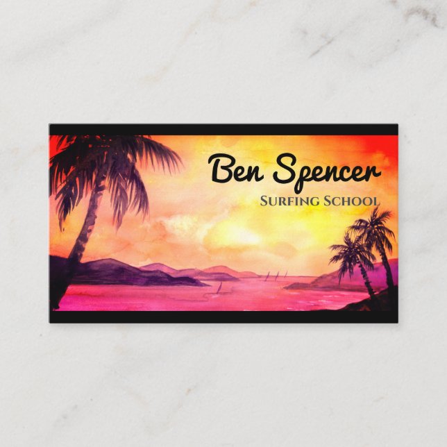 Sunset in the Tropics Watercolor Painting Business Card (Front)