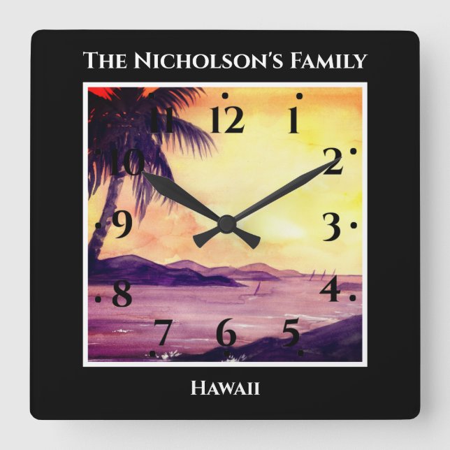 Sunset in Tropics Watercolor Painting Black Square Wall Clock (Front)