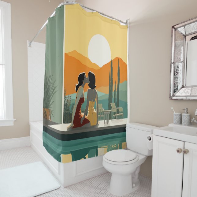 Sunset Kiss By The Pool Shower Curtain (In Situ)