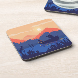 Sunset Lake Canoe Illustration Coaster