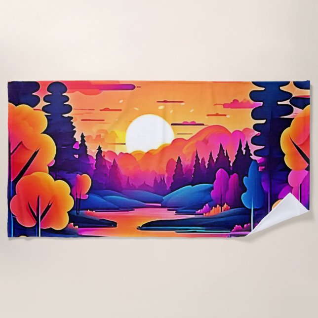 Sunset Lake Fantasy Art Beach Towel (Front)