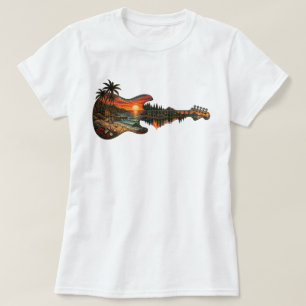 Sunset Lake Guitar Tropical Landscape Art T-Shirt