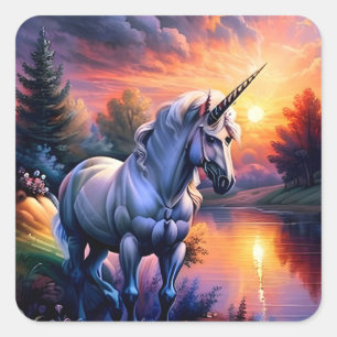 Sunset Lake River Unicorn Seven Square Sticker