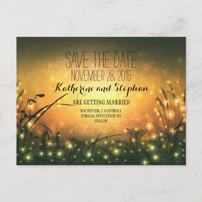 sunset light garden lights save the date postcards (Front)